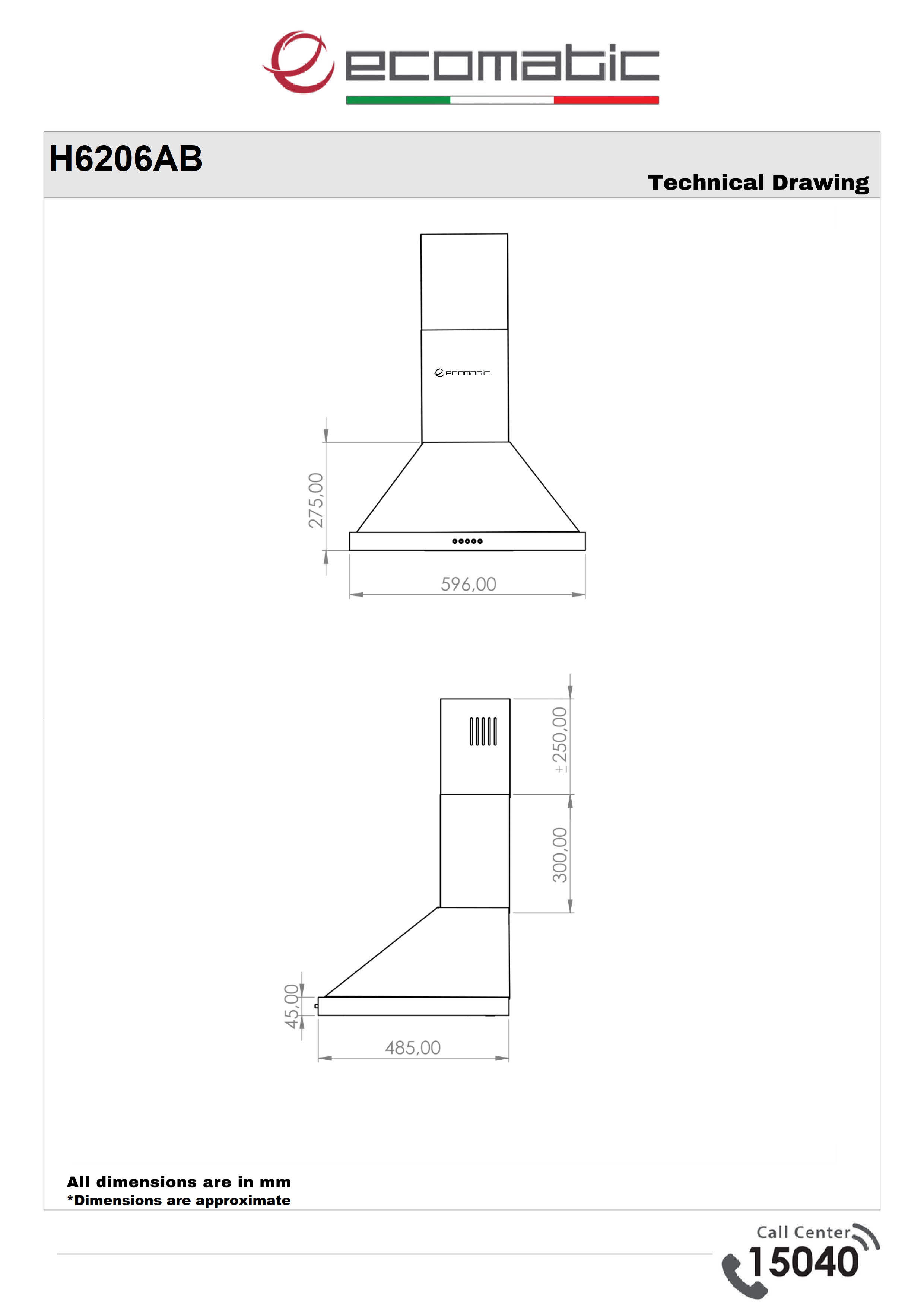 شفاط إيكوماتك 60 سم هرمى استانلس – موتور إيطالي 650 م³/الساعة – H6206AB