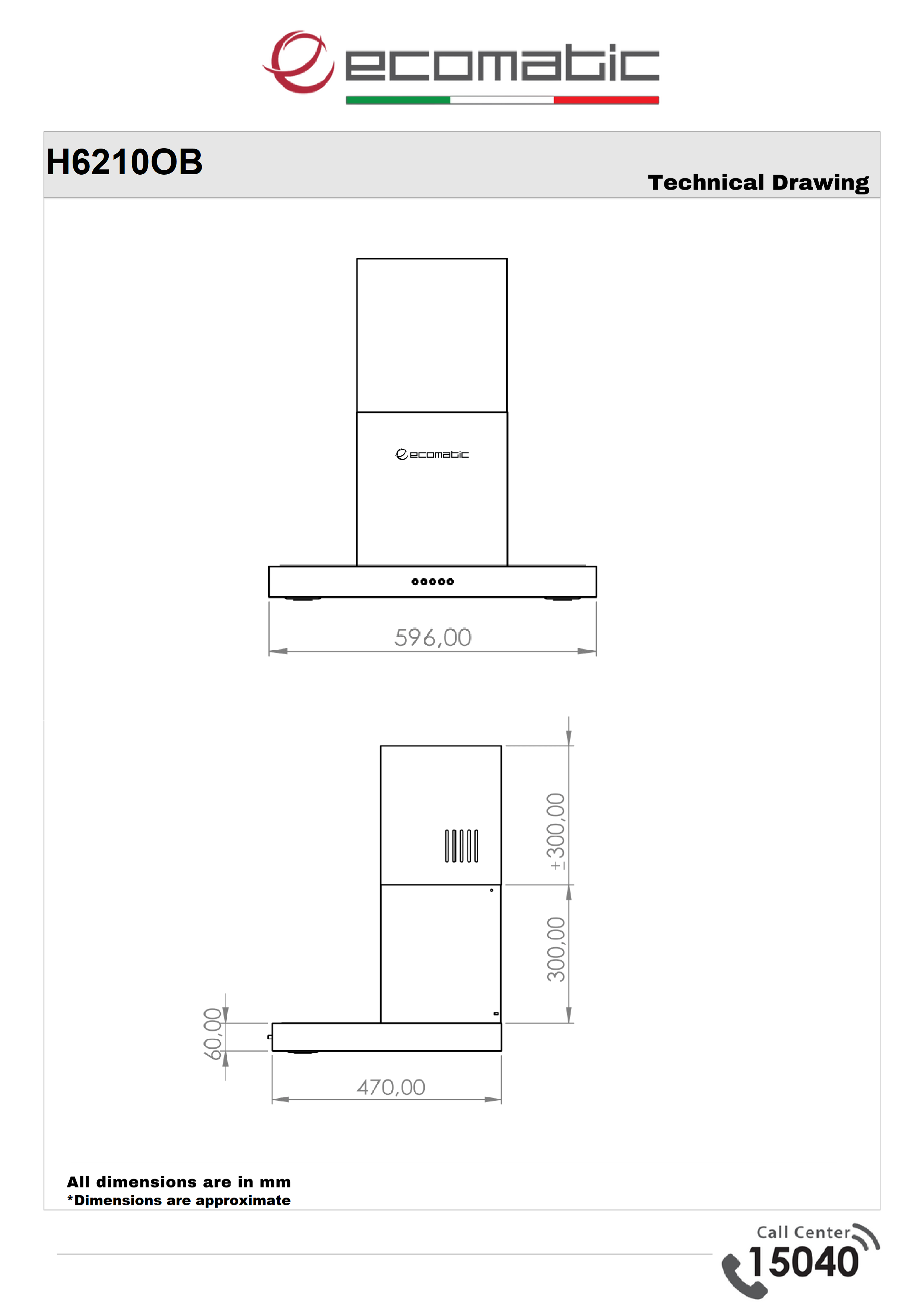 شفاط إيكوماتك 60 سم  تصميم على شكل حرف T  ستانلس - H6210OB