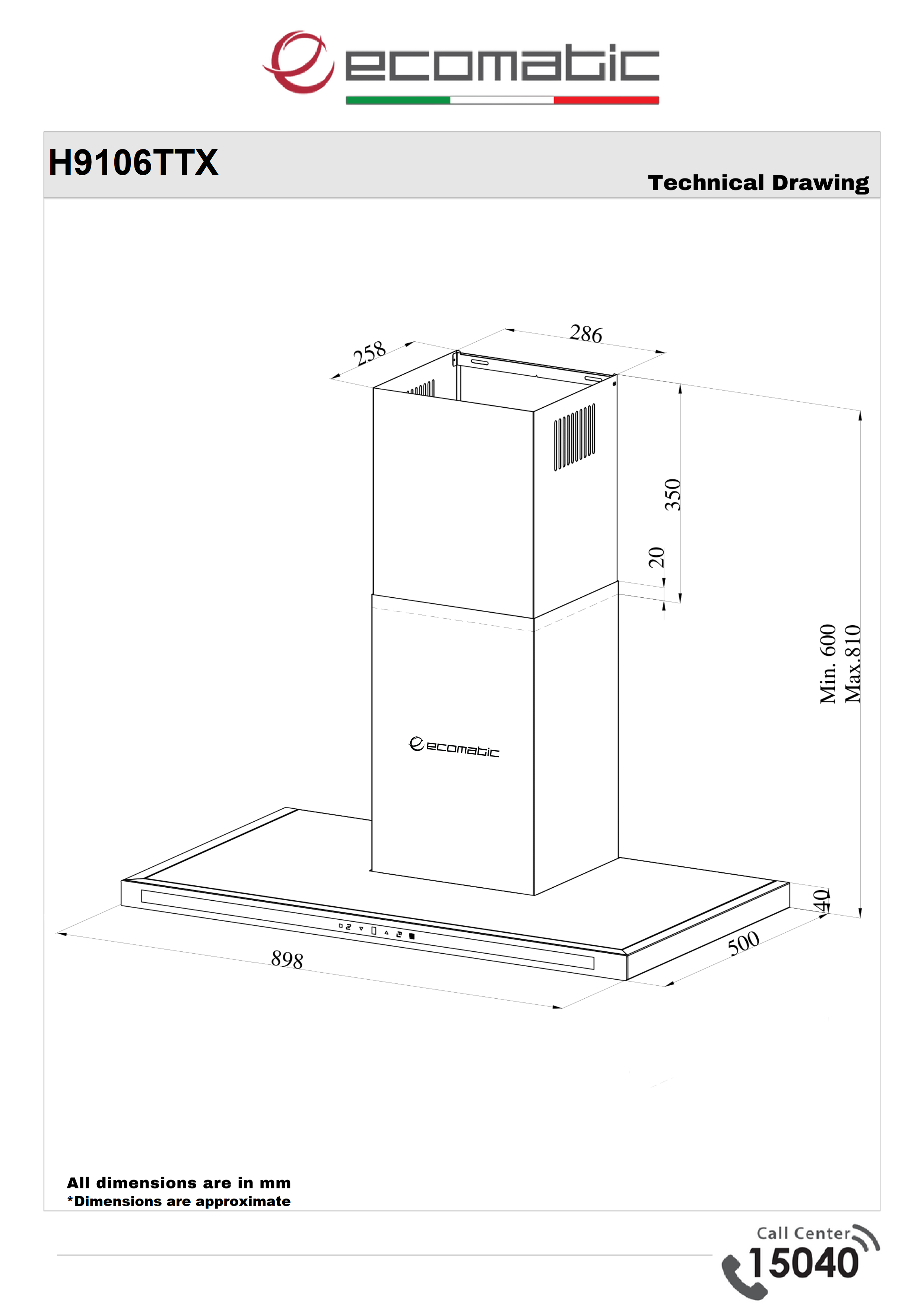Ecomatic 90 cm Decorative Hood – T-Shape SLIM Stainless | Digital Touch and Remote Control - H9106TTX