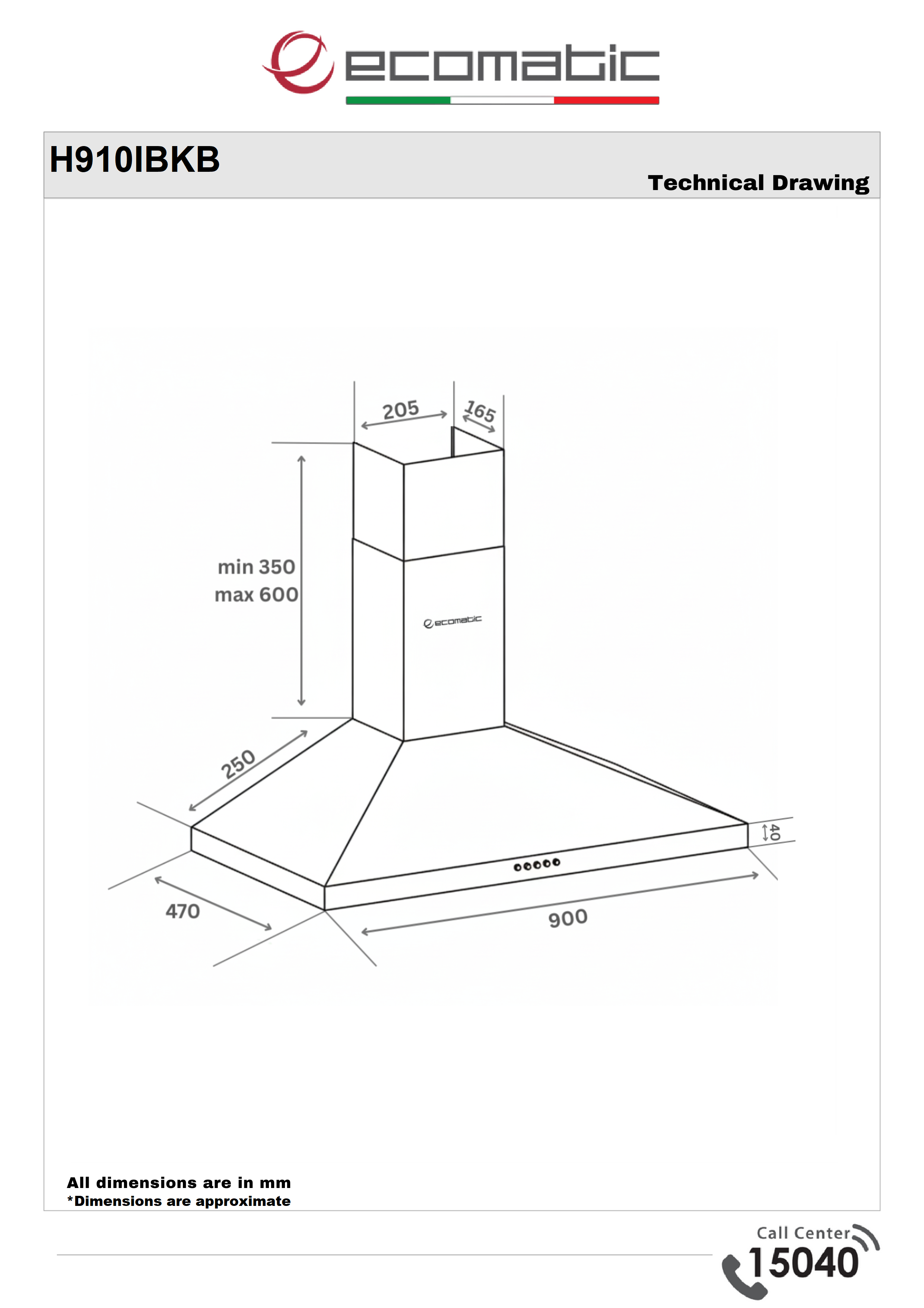 Ecomatic 90 cm Pyramid Black Hood with Stainless Steel Frame - H910IBKB