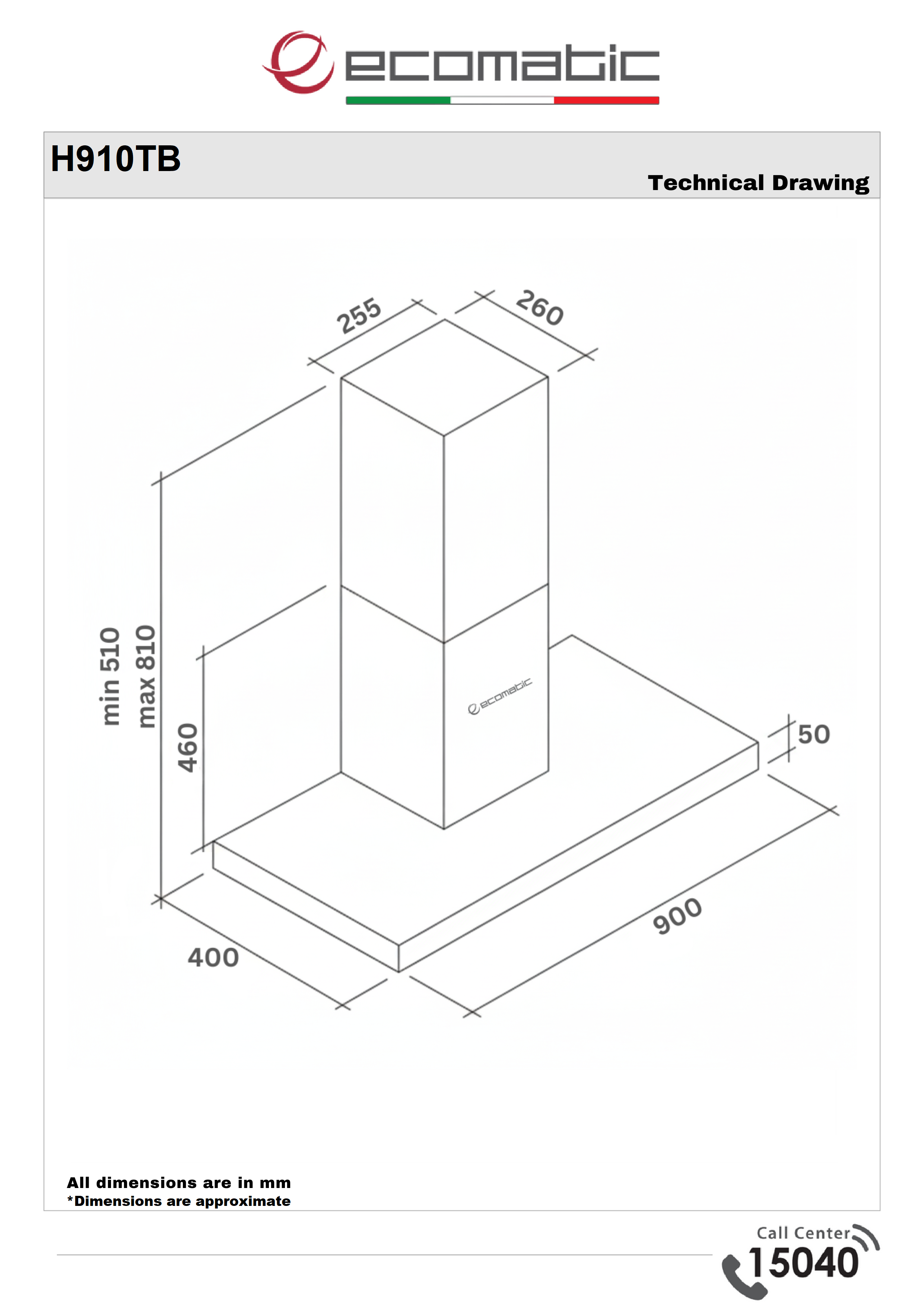 Ecomatic 90 cm T-Shape Hood – Stainless Steel | 3 Speeds - H910TB