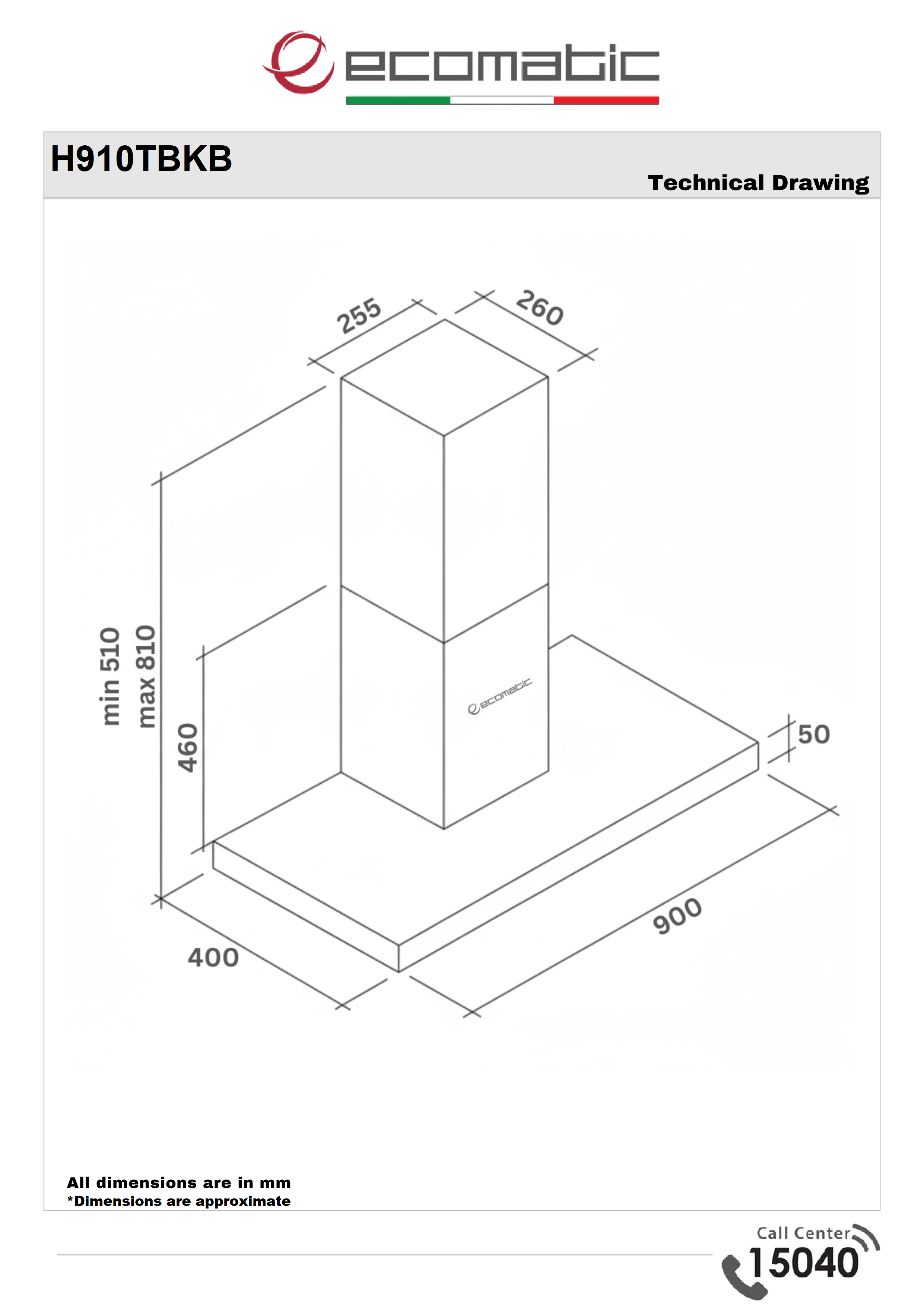 Ecomatic 90 cm Black T-Shape Hood - H910TBKB