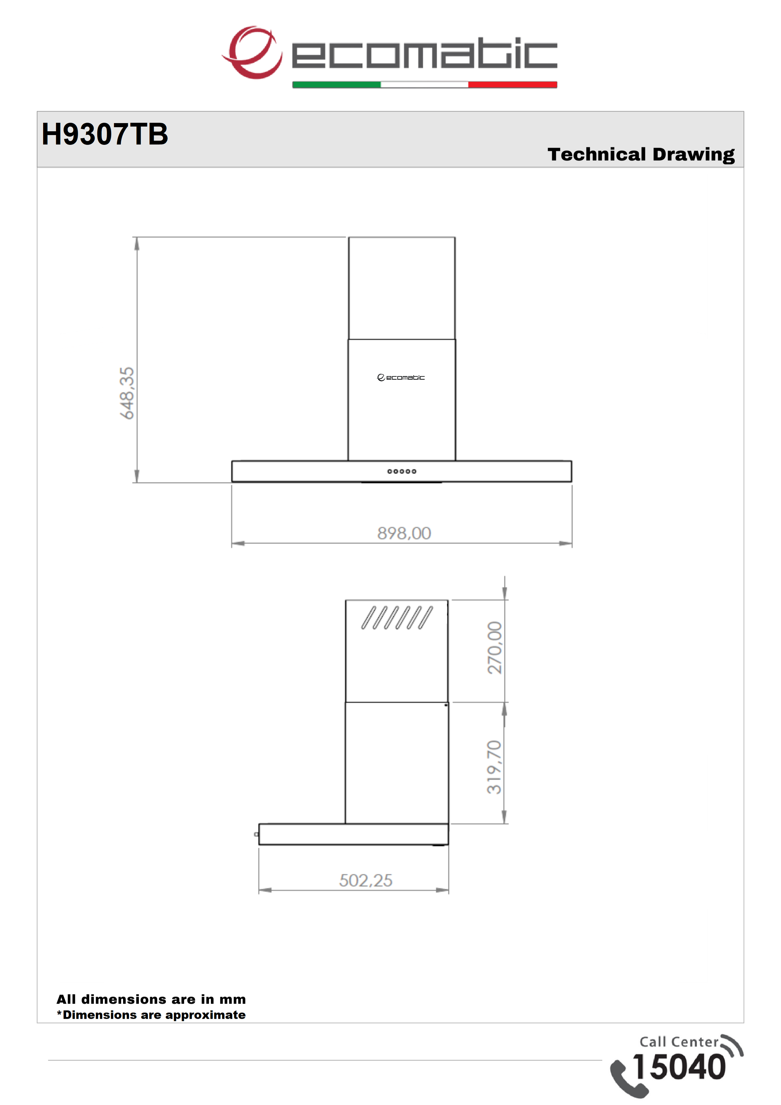 Ecomatic 90 cm Stainless Steel T-shaped Hood - H9307TB