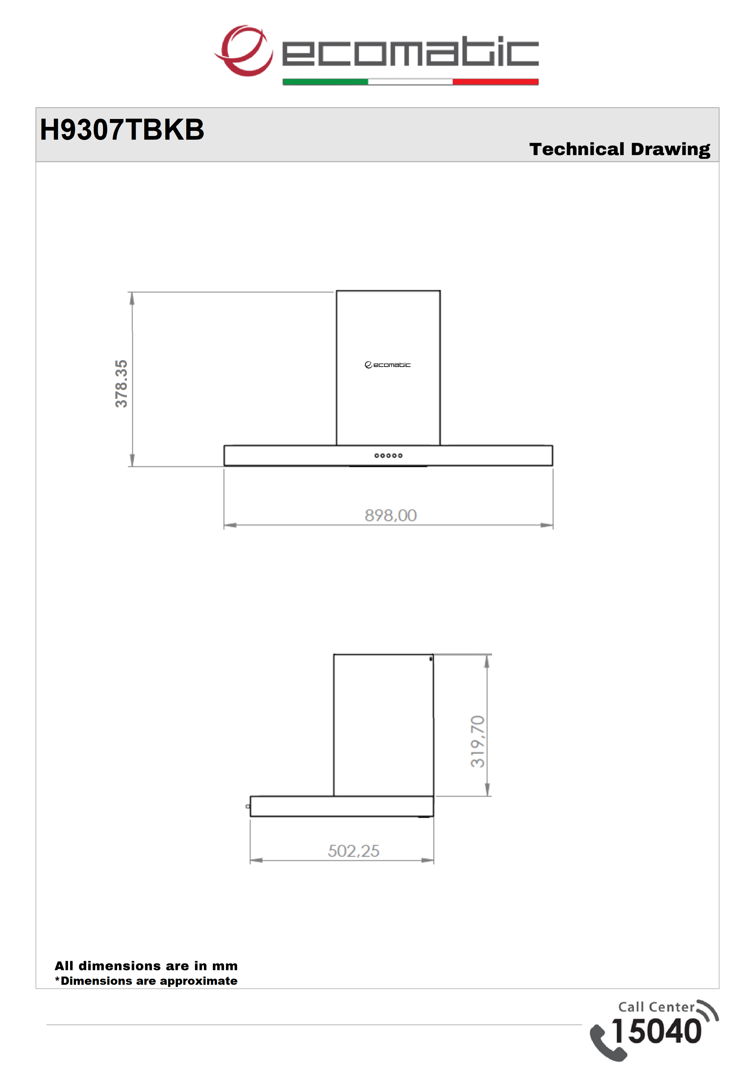  Ecomatic 90 cm T-Shaped Black Hood - H9307TBKB
