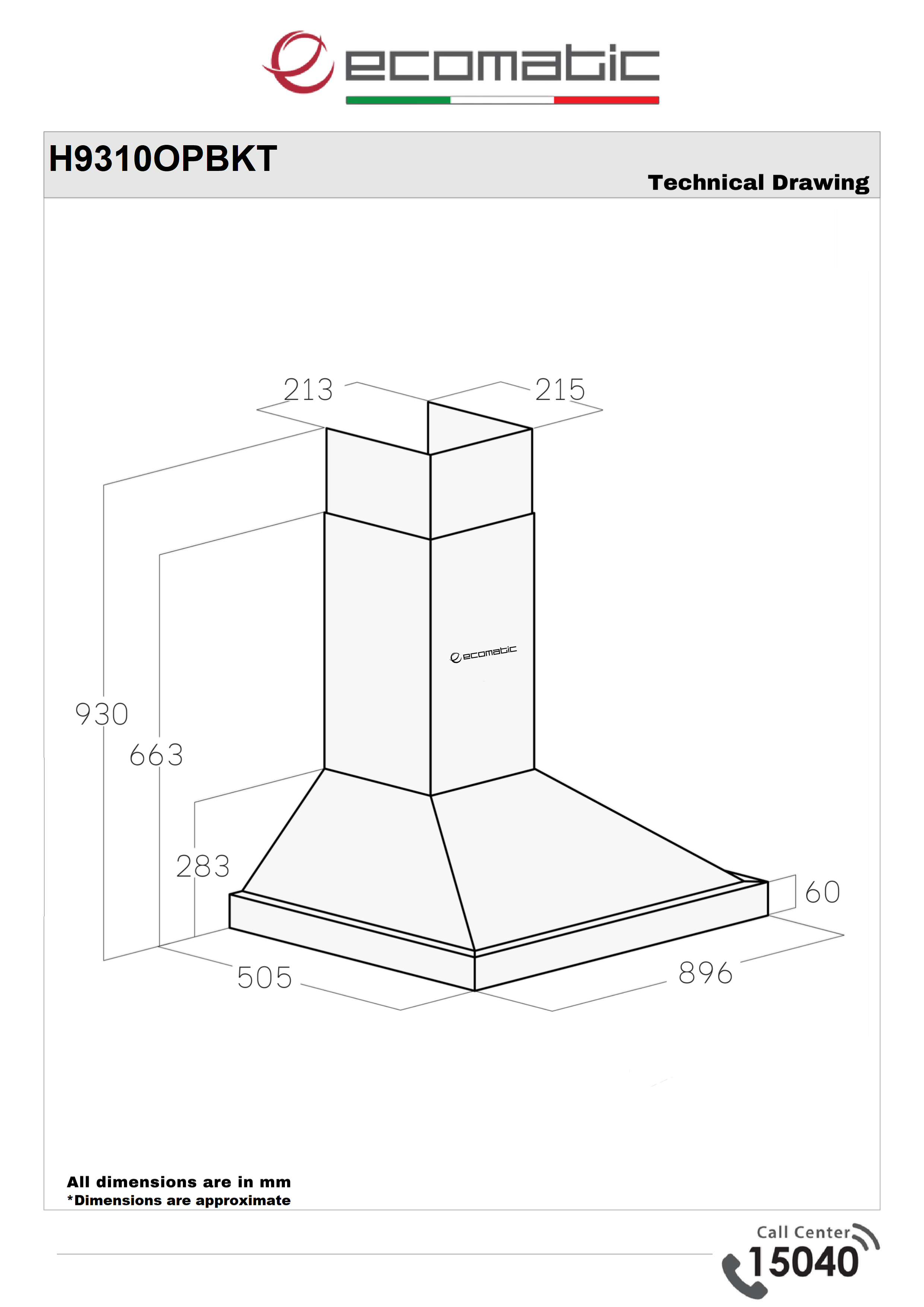 Ecomatic 90cm Pyramid Hood - Black with Black Crystal Control Panel | Touch Remote Control - H9310OPBKT