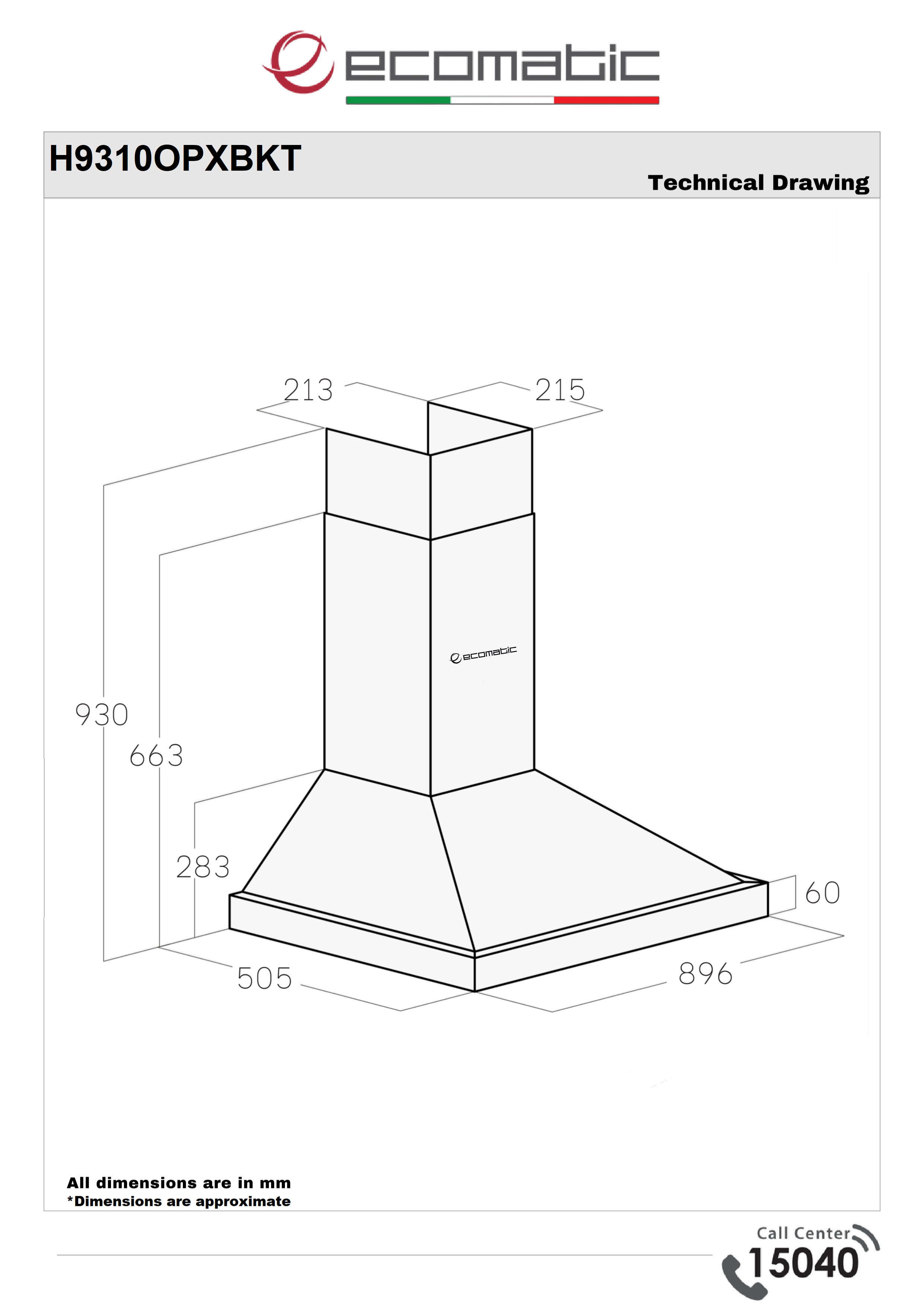 Ecomatic Hood 90 cm – Pyramid Stainless Steel with Black Crystal Control Panel | Touch with Remote Control - H9310OPXBKT