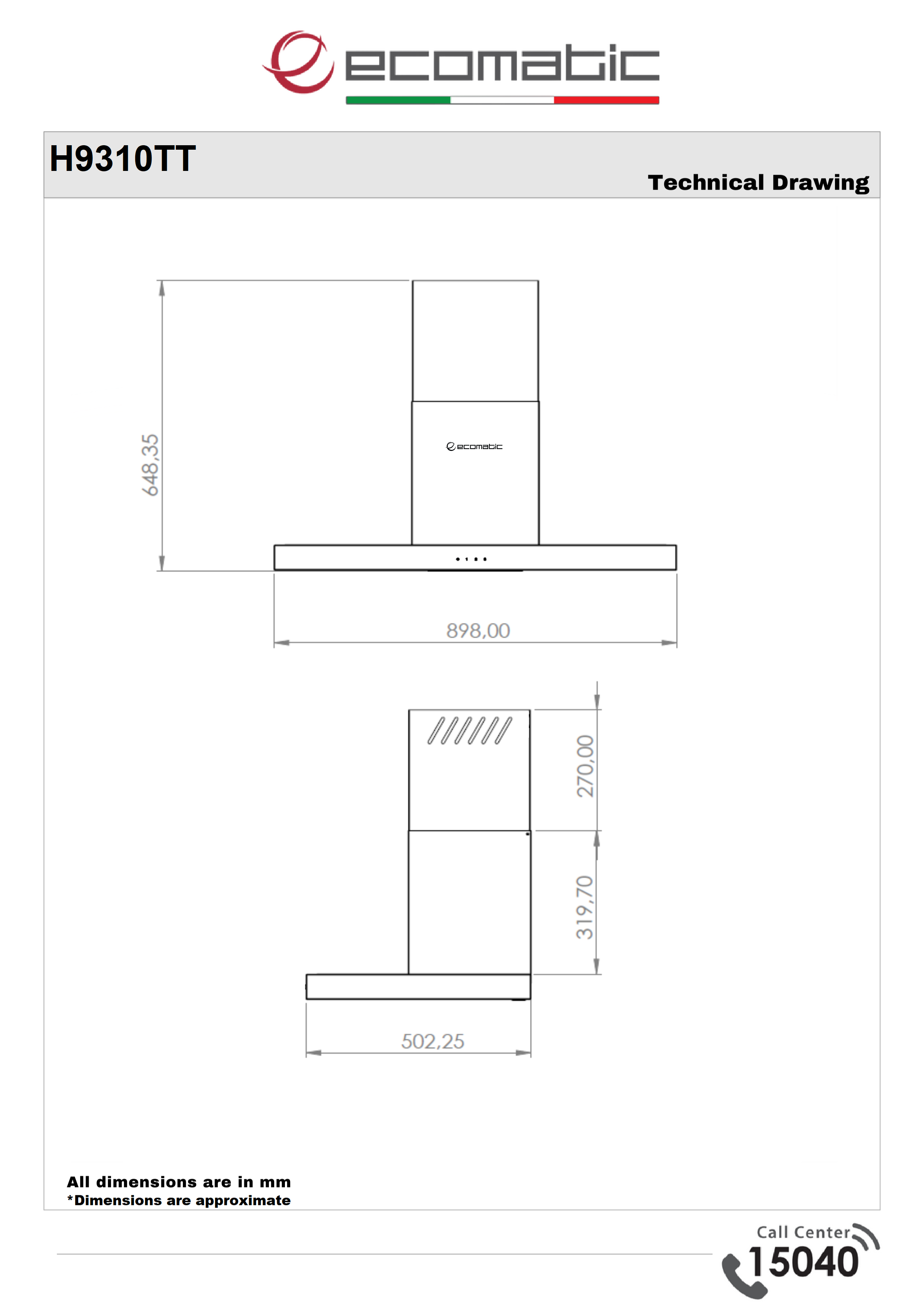 Ecomatic 90 cm Cooker Hood - Stainless Steel | T-shape - 3 Touch Speeds with Remote Control - H9310TT