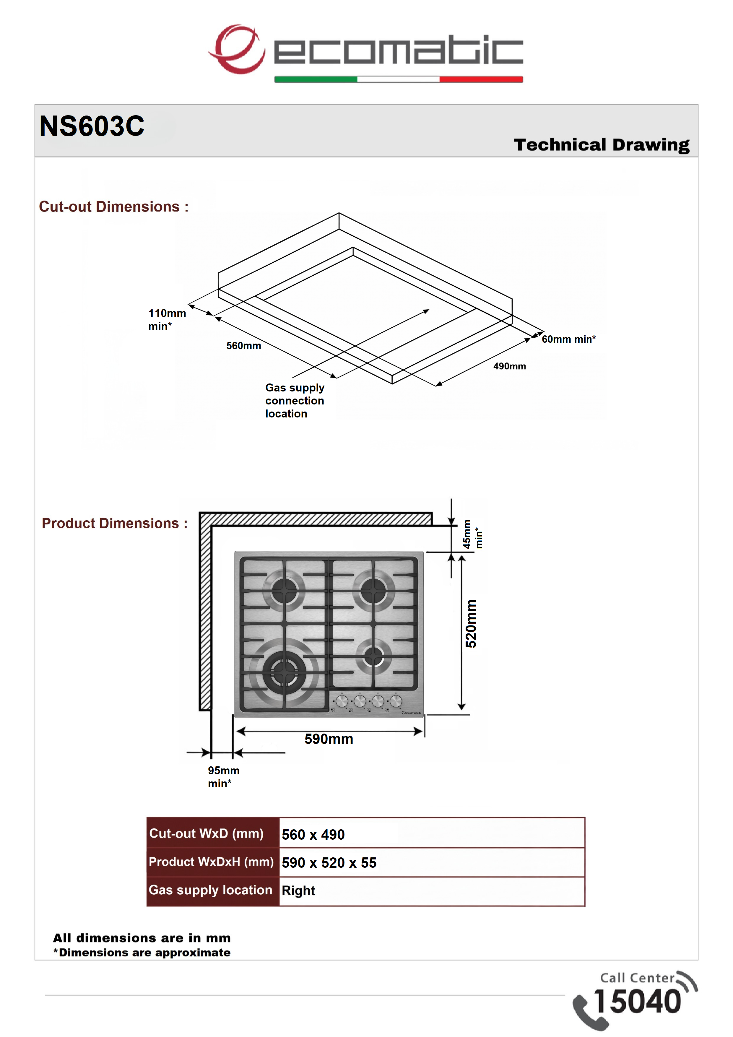 Ecomatic 60 cm Built-in Gas Hob - Stainless Steel | 4 Burners - NS603C