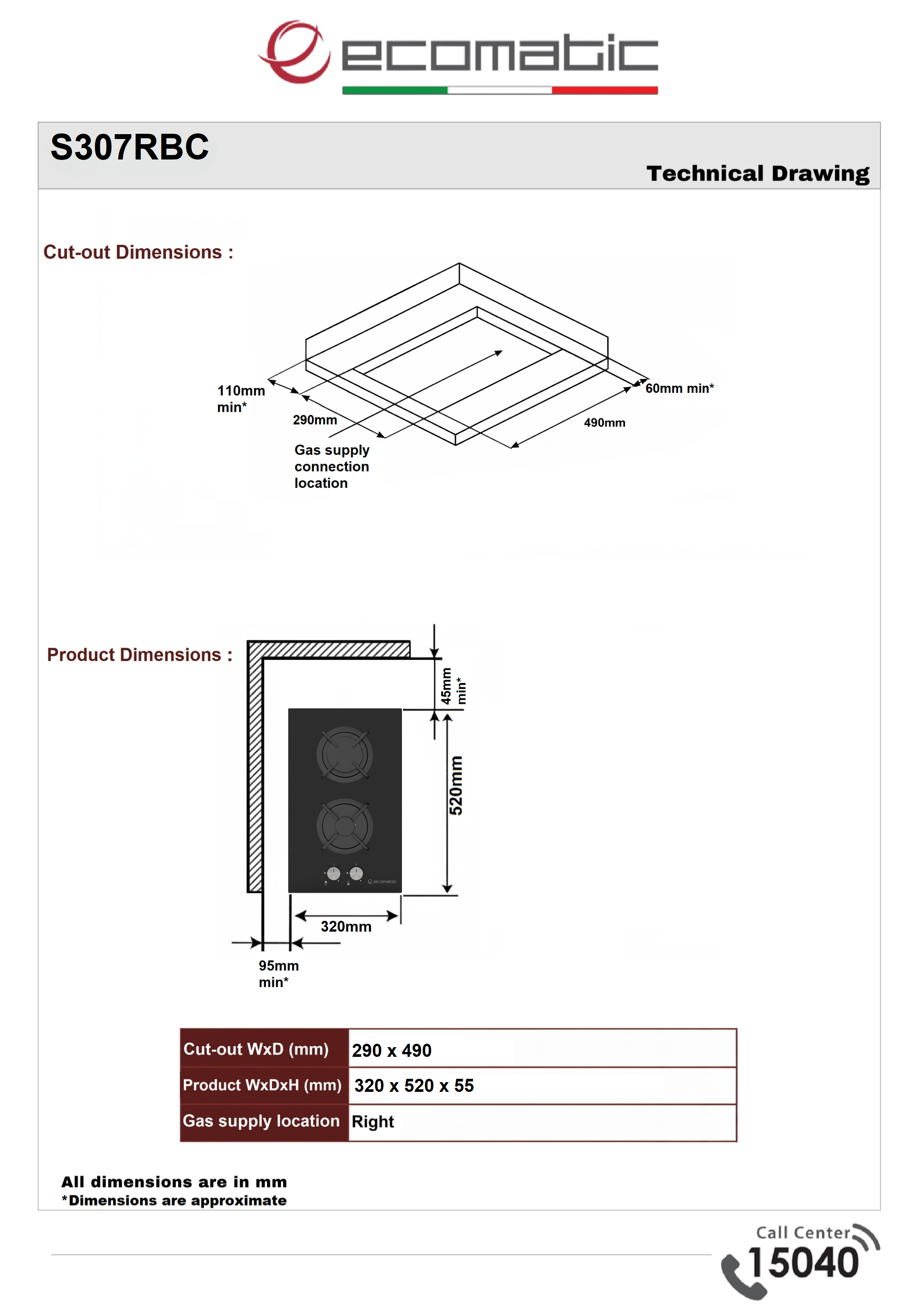 Ecomatic Built-in Gas Hob 30 cm – 2 Burners  Black Crystal – S307RBC