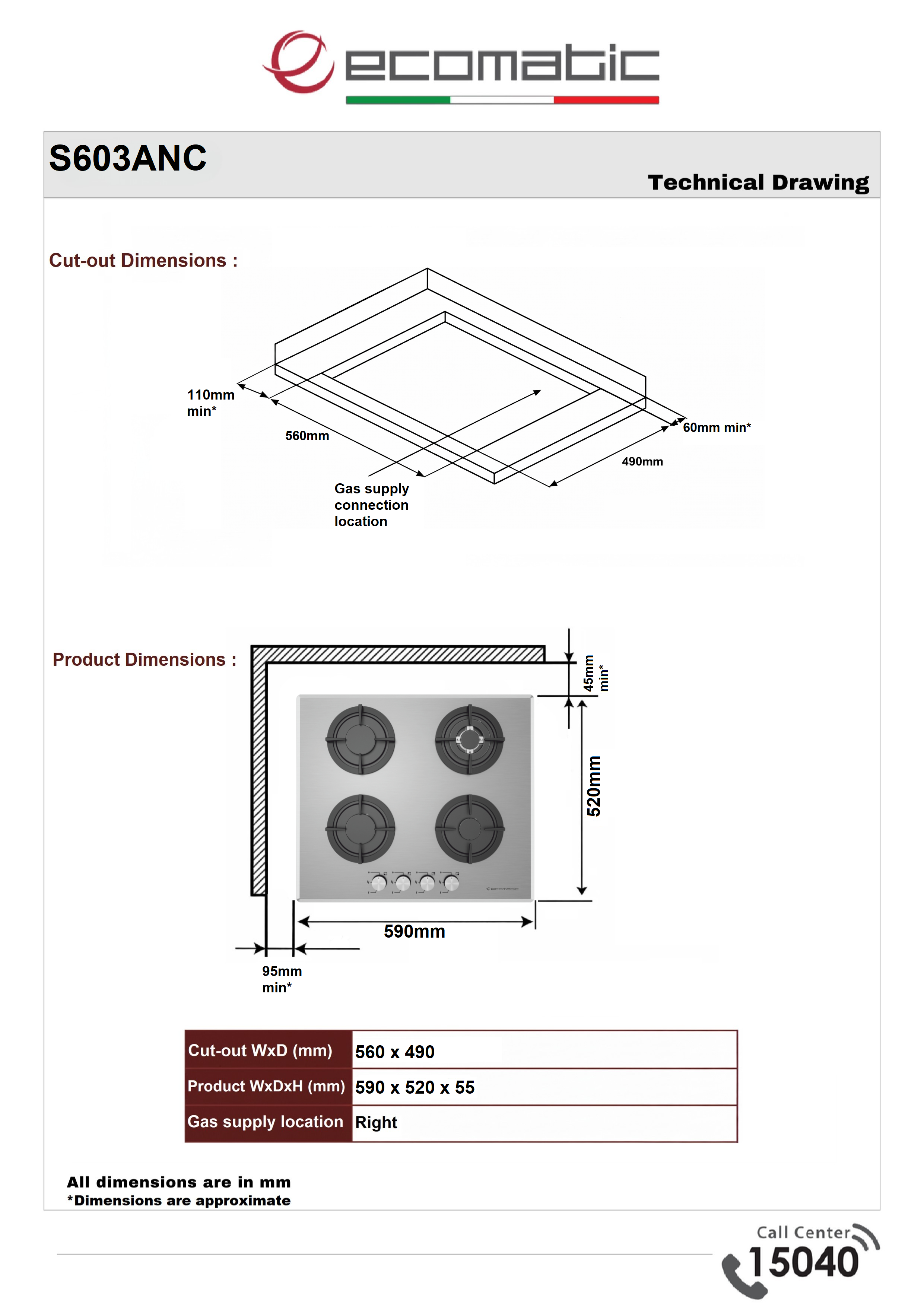 Ecomatic Built-in Gas Hob 60 cm – 1.6mm Flat Stainless Steel – S603ANC Flat Inox