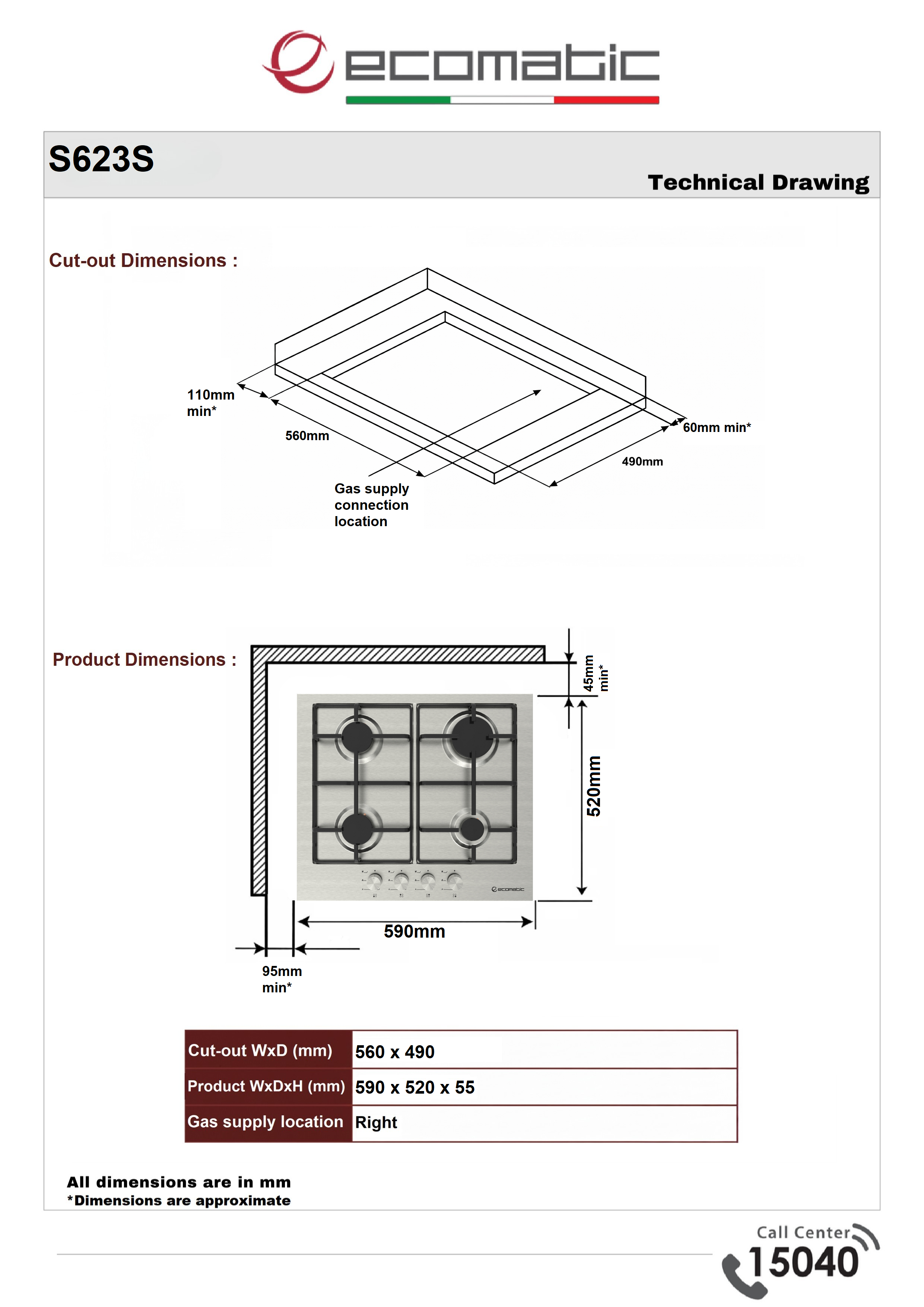 Ecomatic Built-in Gas Hob 60 cm – Stainless Steel – S623S
