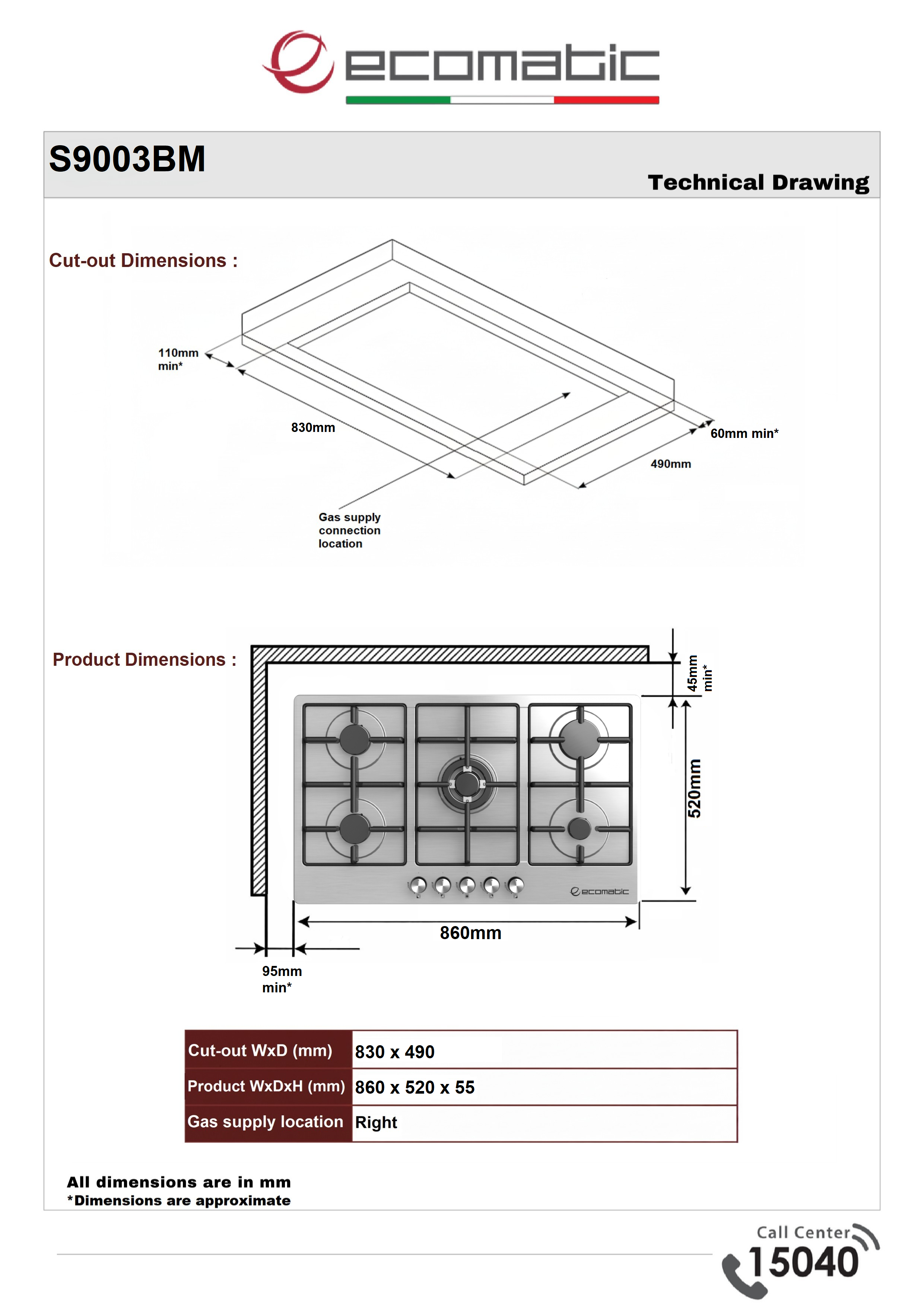 Ecomatic Built-in Gas Hob 90 cm Stainless Steel | 5 Burners - S9003BM
