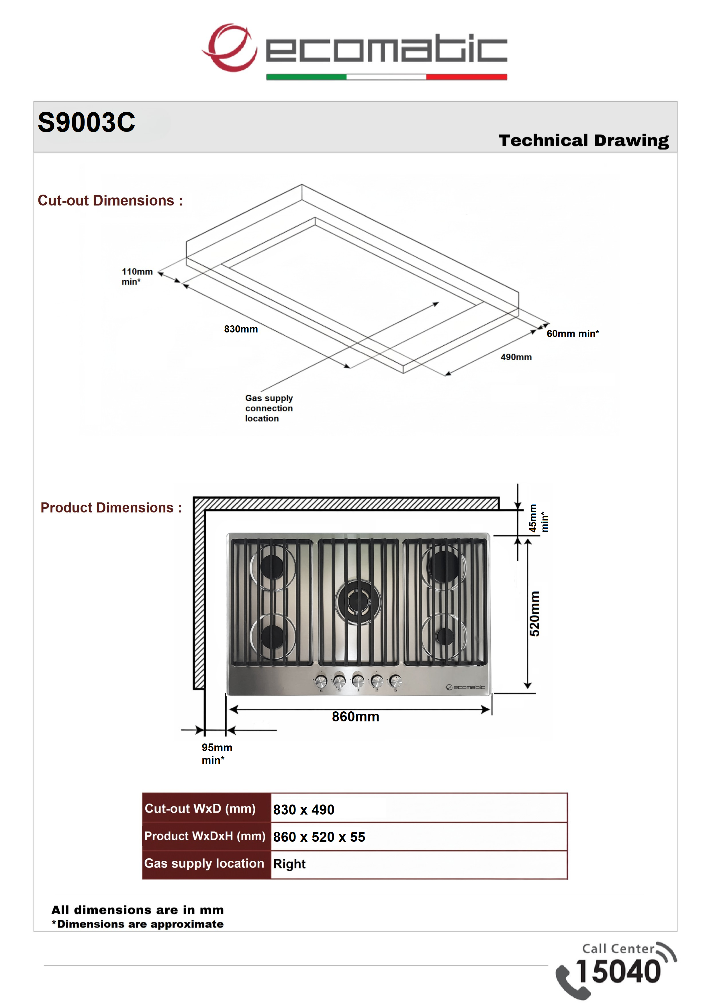 Ecomatic Built-in Gas Hob 90 cm Stainless Steel | 5 Burners - S9003C