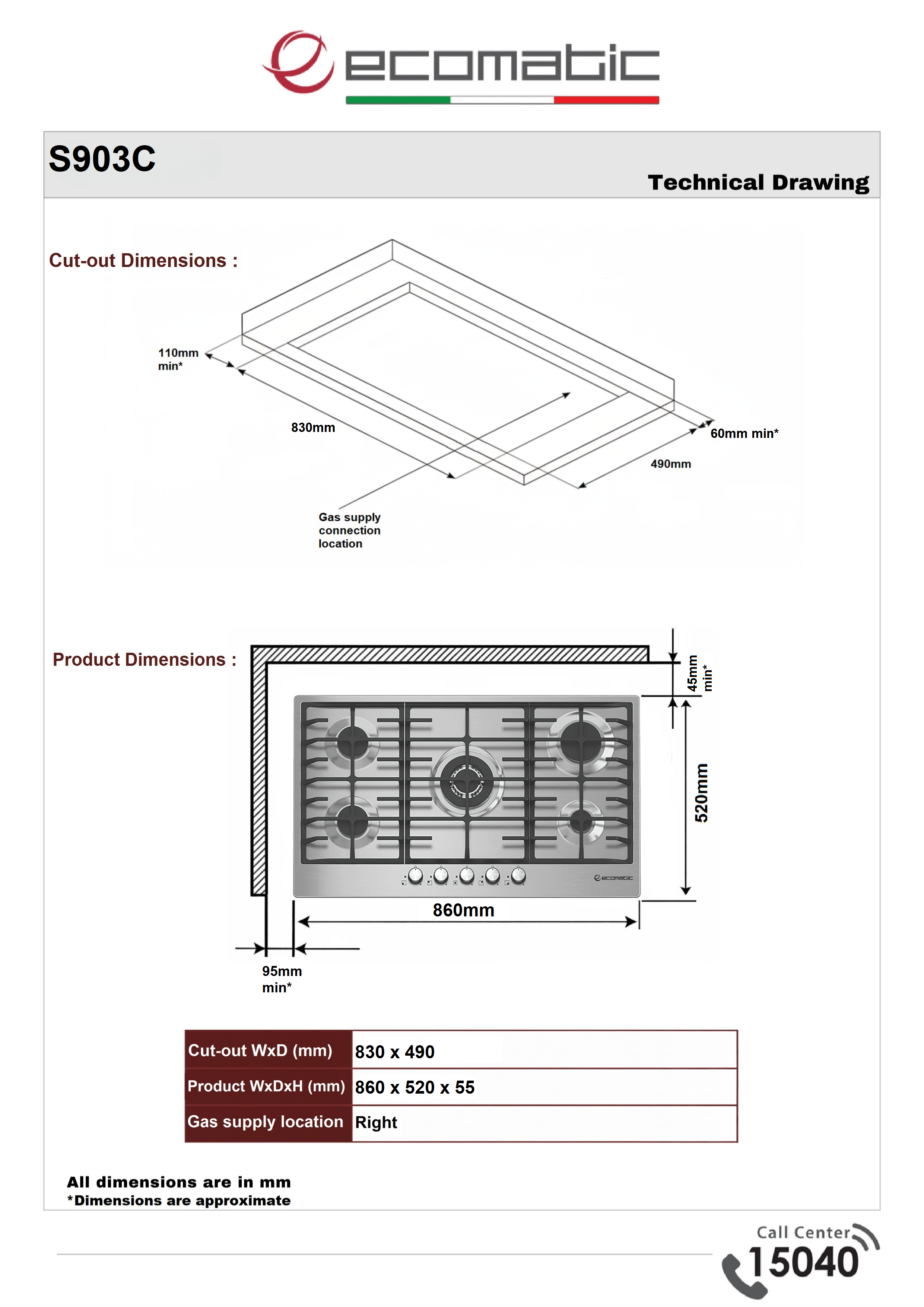 Ecomatic 90 cm Stainless Steel Gas Built-in Hob | 5 Burners - S903C