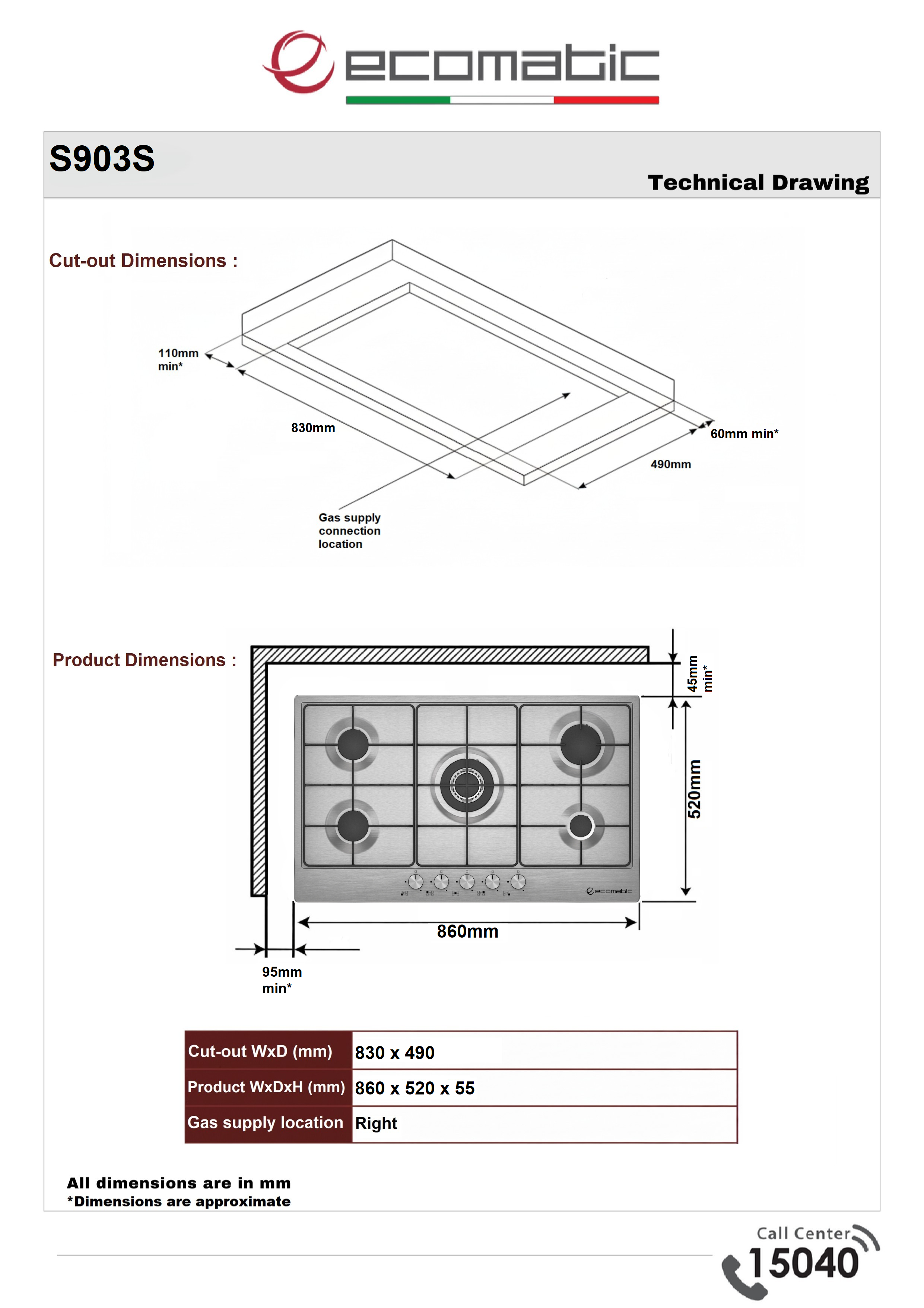 Ecomatic Built-in Gas Hob 90 cm Stainless Steel | 5 Burners - S903S