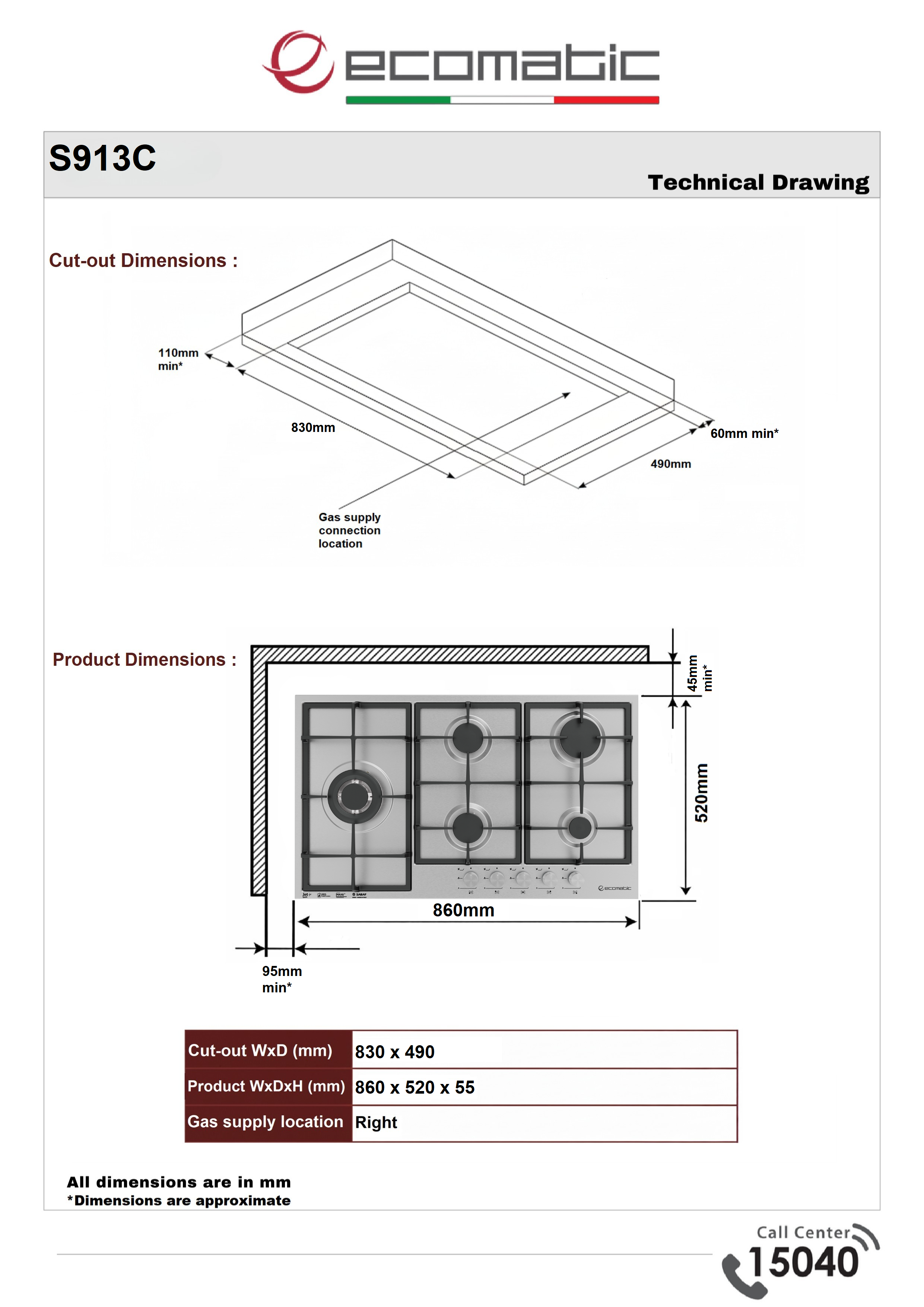 Ecomatic Built-in Gas Hob 90 cm Stainless Steel | 5 Burners - S913C