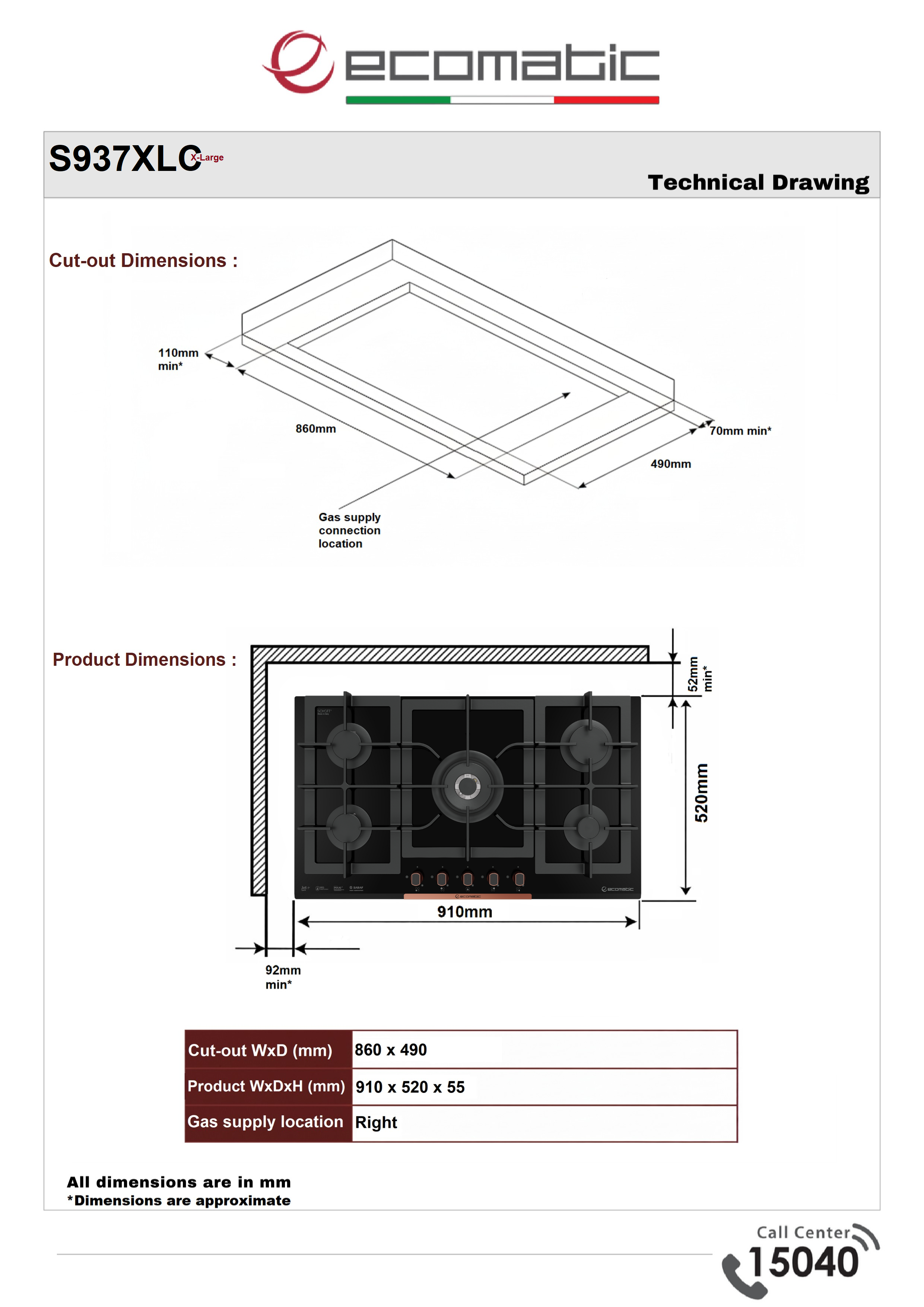Ecomatic 92 cm Built-in Gas Hob - Crystal Black XL | 5 Burners - S937XLC