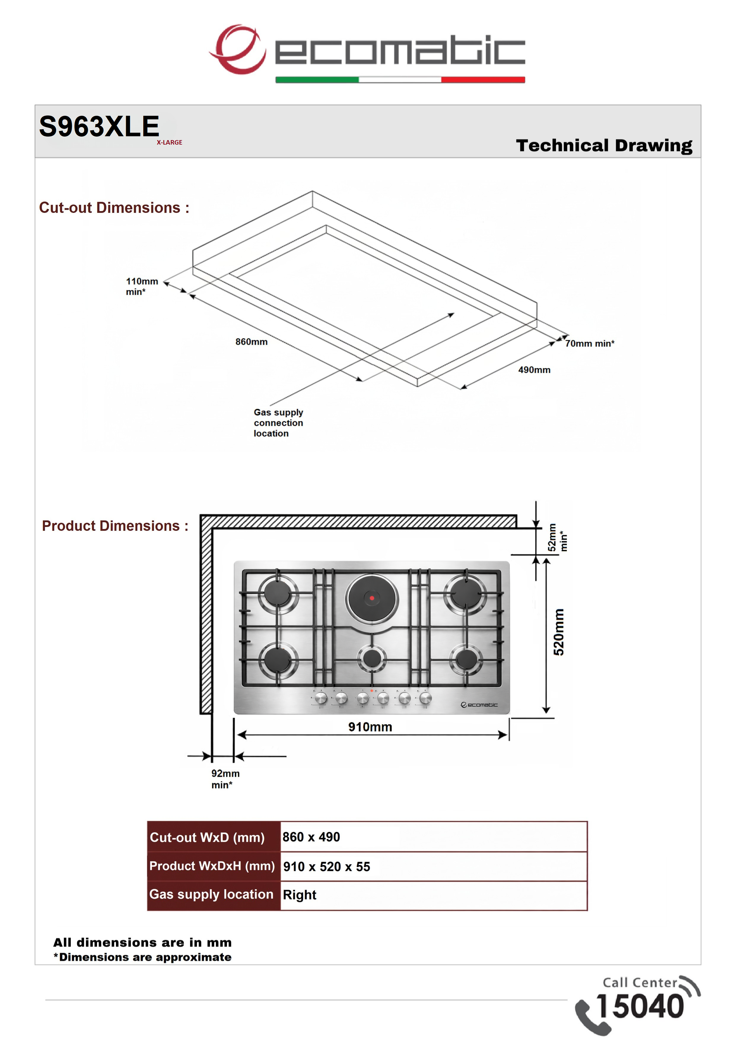 Ecomatic Built-in Gas Hob 92 cm Stainless Steel with Electric Burner | XL 6 Burners - S963XLE