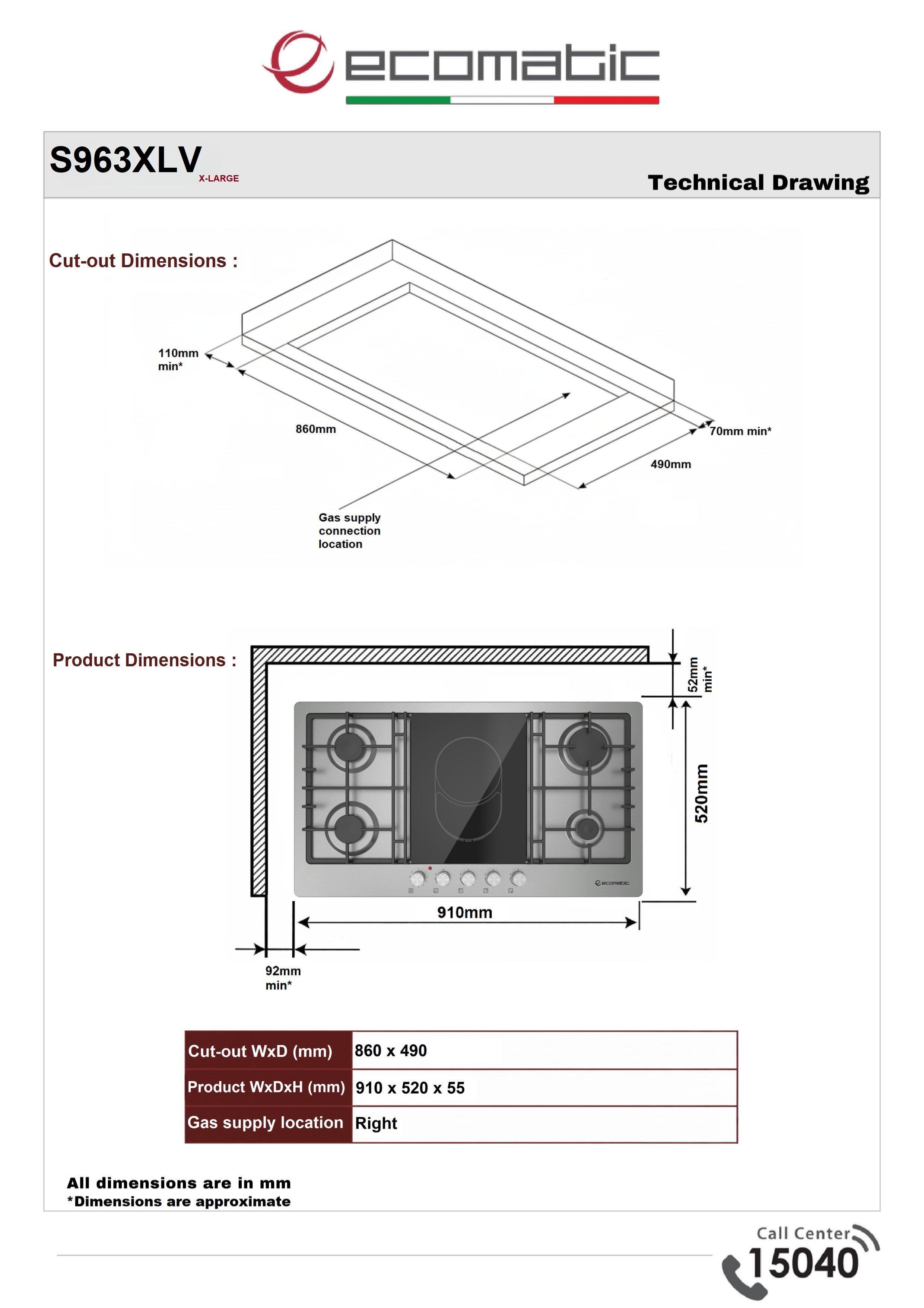 Ecomatic 92 cm Stainless Steel Gas Built-in Hob with Vitroceramic Zone |  XL 5 Burners - S963XLV