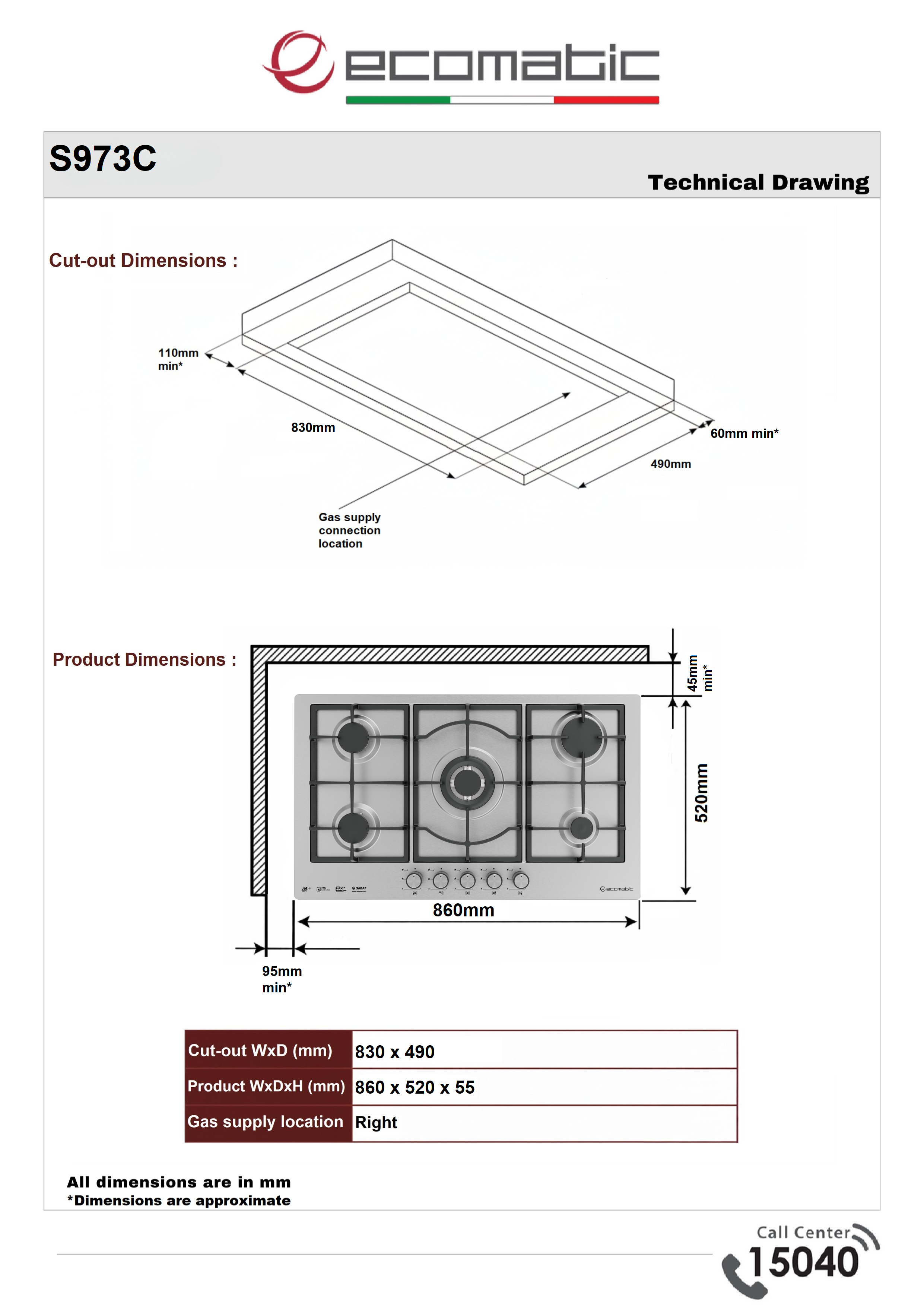 Ecomatic Built-in Gas Hob 90 cm Stainless Steel | 5 Burners - S973C
