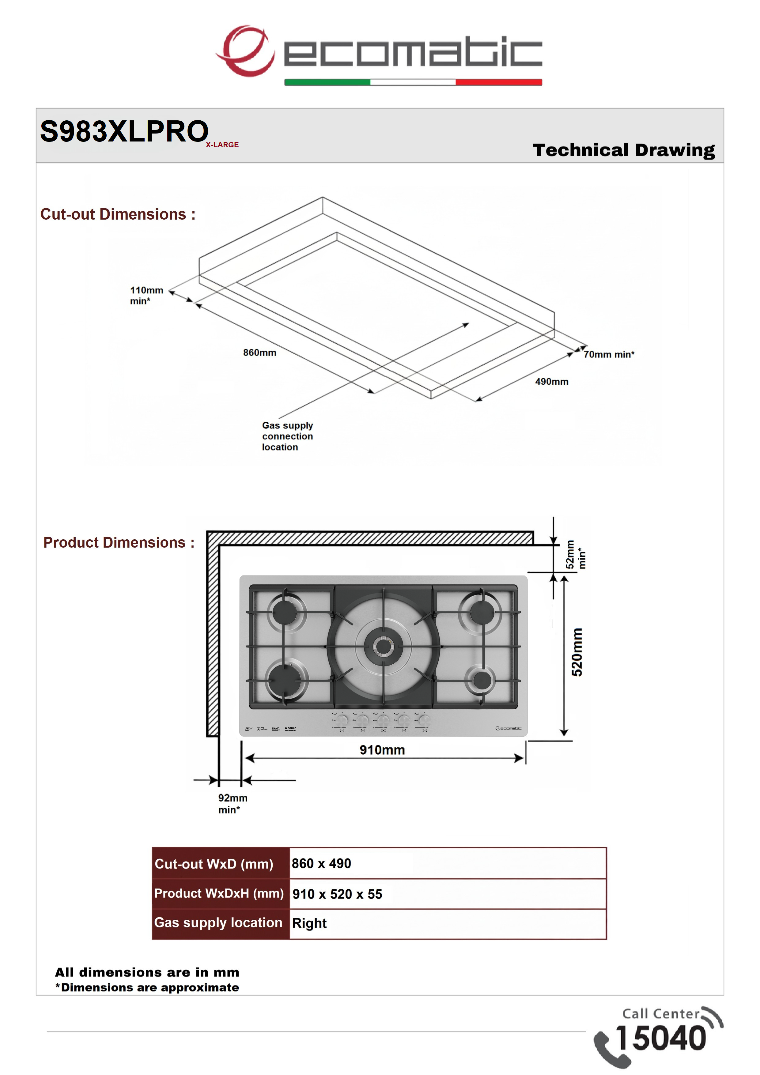Ecomatic 92 cm Built-in Gas Hob Stainless Steel | XL 5 Burners - S983XLPRO