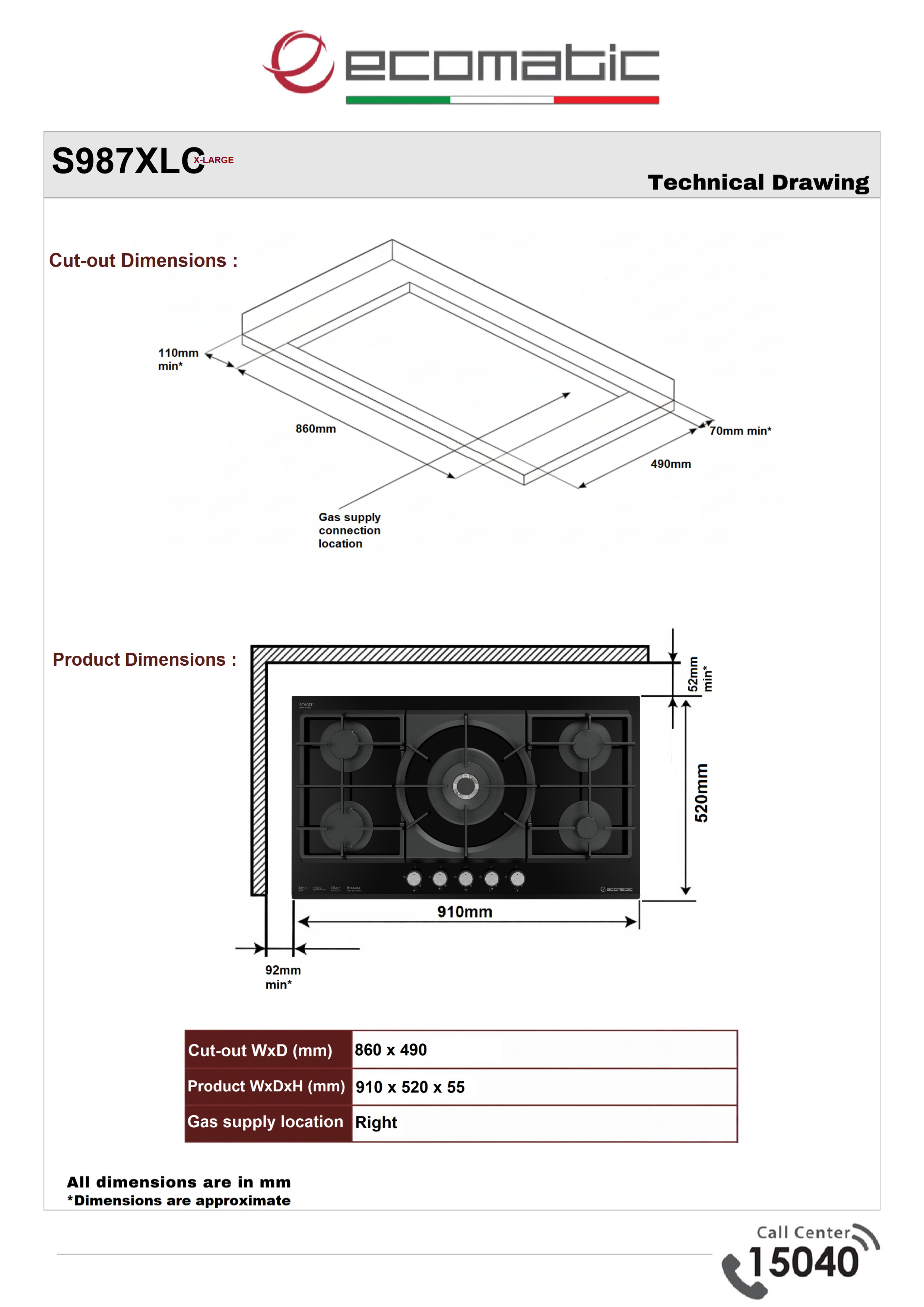 Ecomatic 92 cm Built-in Gas Hob, Crystal Black, XL | 5 Burners - S987XLC